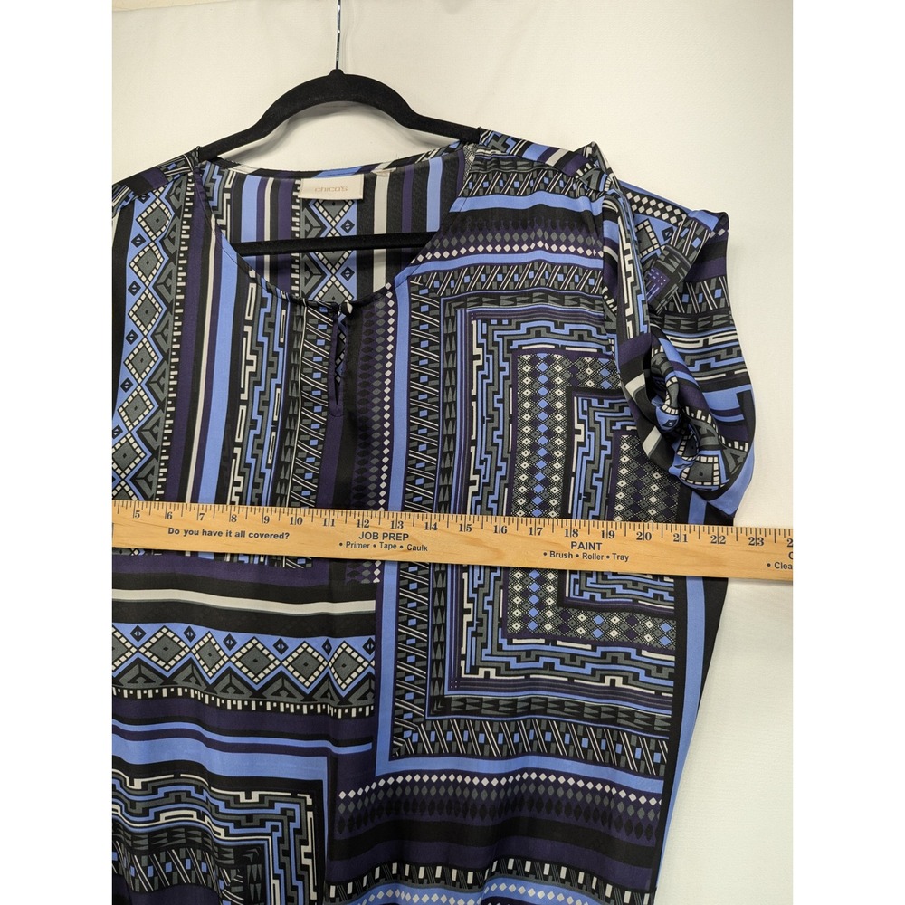 Chicos Blue Purple Geometric Tribal Print Split Neck Bubble Blouse 3/4 Sleeve - Picture 5 of 9